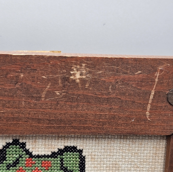 MCM Wood Framed Frog Cross Stitch Art Work Kiss Toads Before Prince Eat Bugs Vtg - Picture 6 of 10